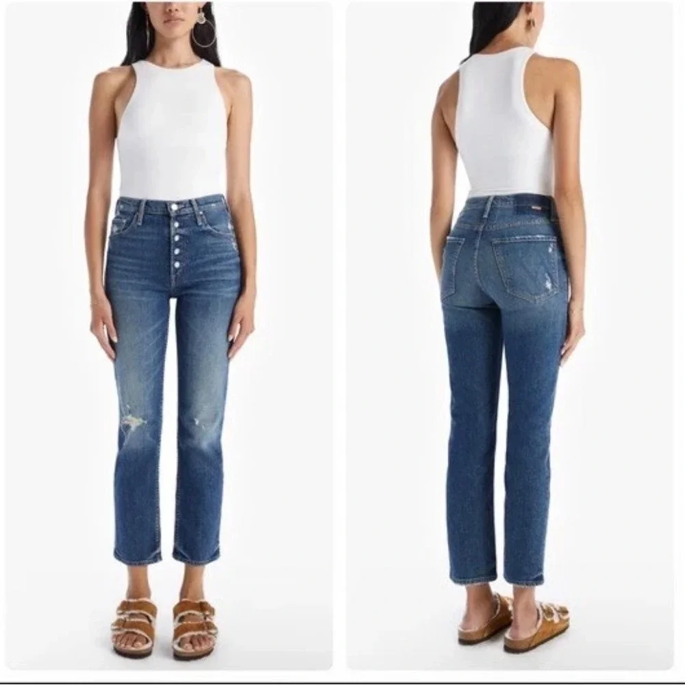 Mother‎ Superior The Pixie Tomcat Ankle Jeans Born To Bite Distressed Blue 28